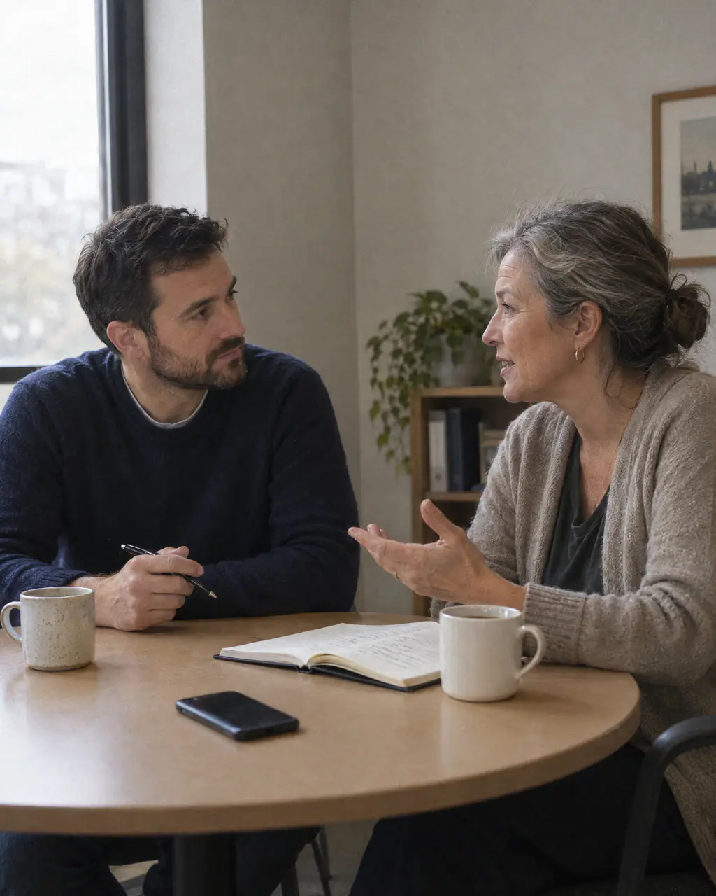 A consultant listening to a small-business owner at a round table by the window, coffee cups and an open notebook between them