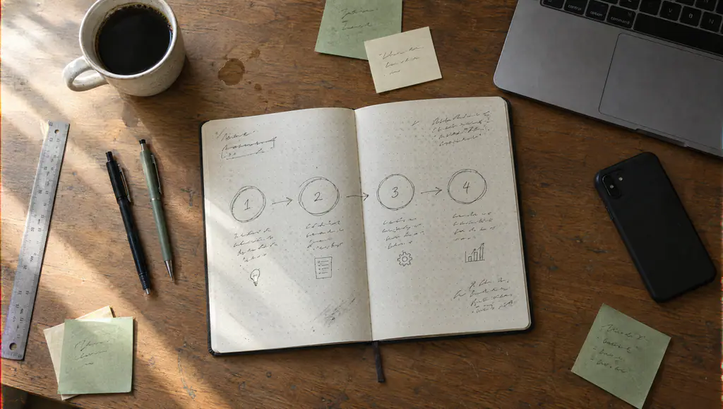 Overhead view of a planning table with a sketched four-step process, sticky notes, pens and a cup of coffee