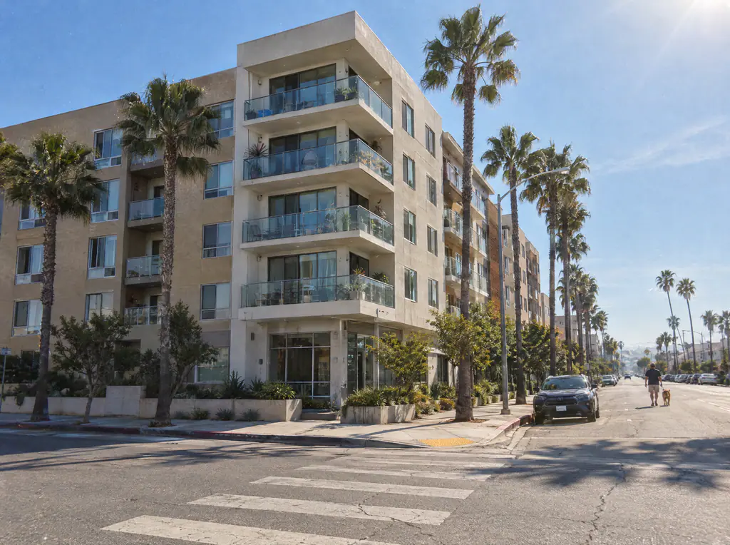 A sunny Glendale street with palm trees in front of a modern mixed-use building