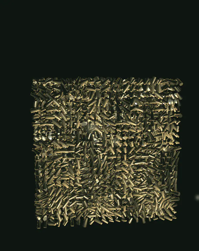 An abstract sculpture of thousands of brass and green rods turning into an ordered cube