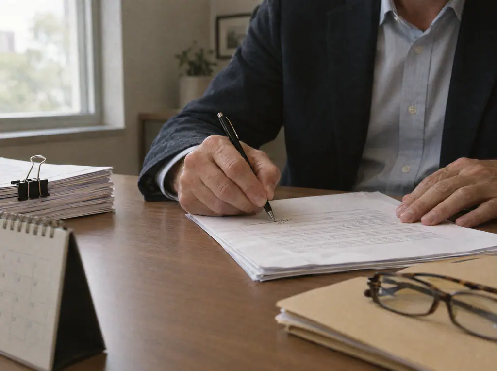 A business owner signing a multi-page document beside a stack of clipped forms and reading glasses