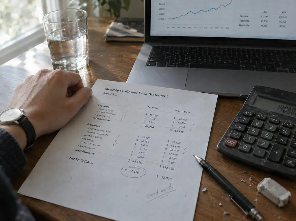 A monthly profit and loss statement with pencil checkmarks beside a calculator and a laptop line chart