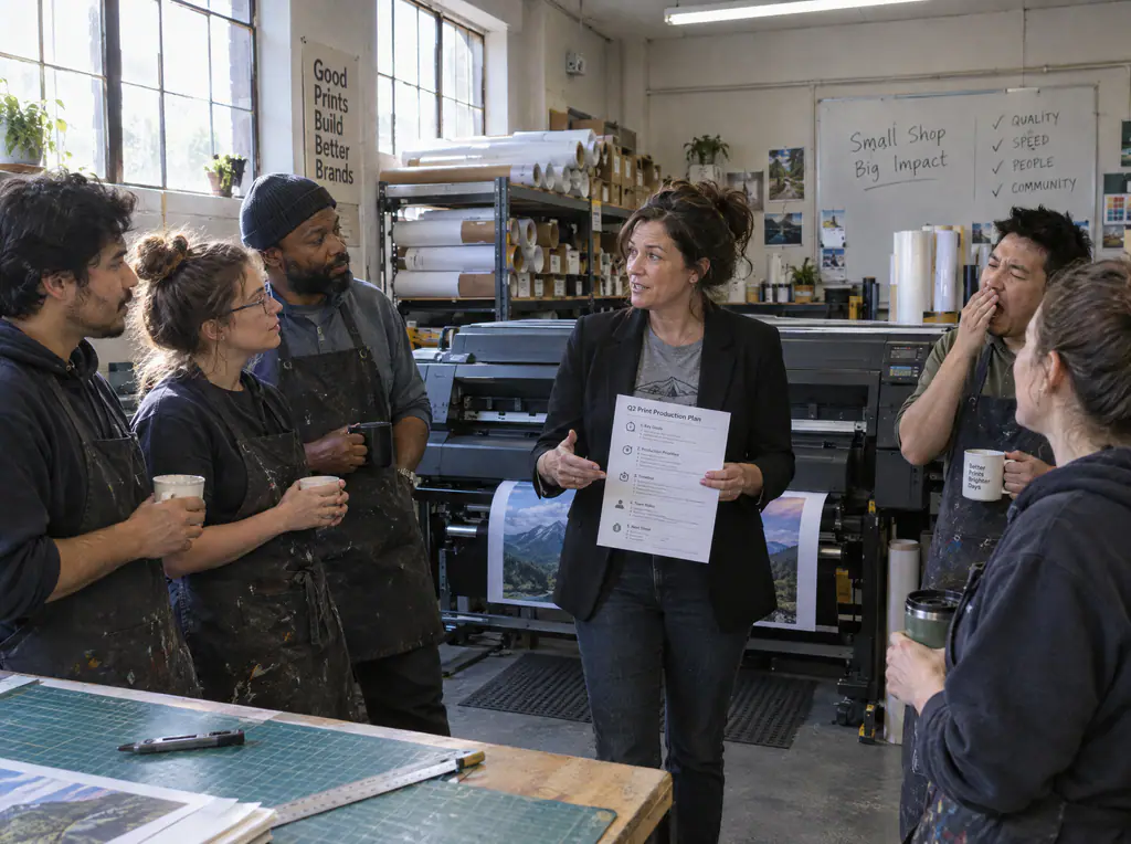 A manager holding a one-page plan during an early-morning huddle with print shop staff