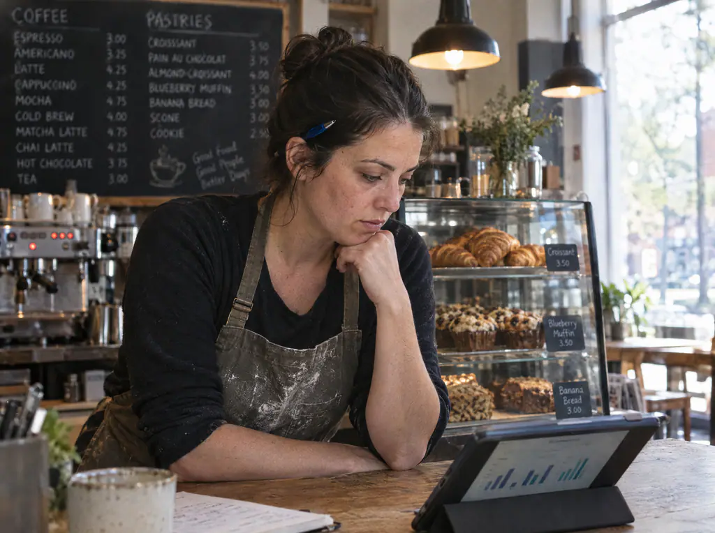 A cafe owner in an apron reviewing sales charts on a tablet at her counter