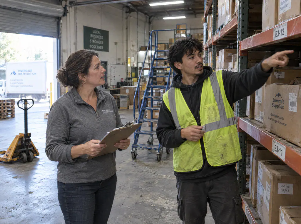 An operations manager with a clipboard talking with a warehouse worker who points at a labeled shelf