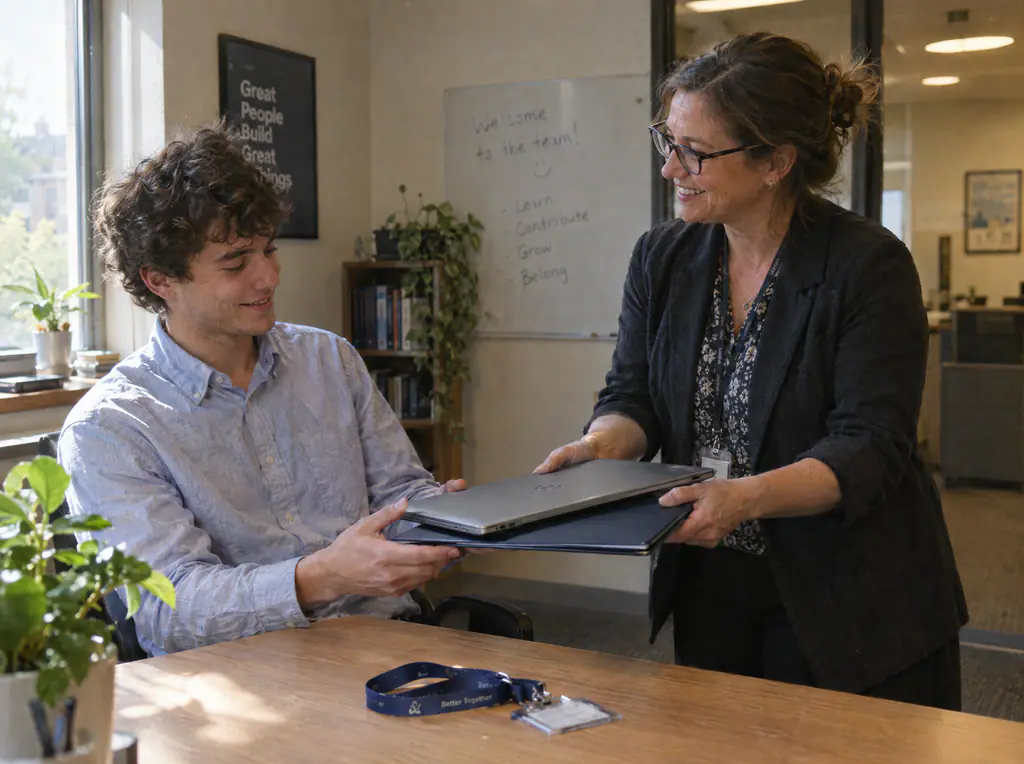 A manager handing a laptop and a folder to a smiling new employee on his first day