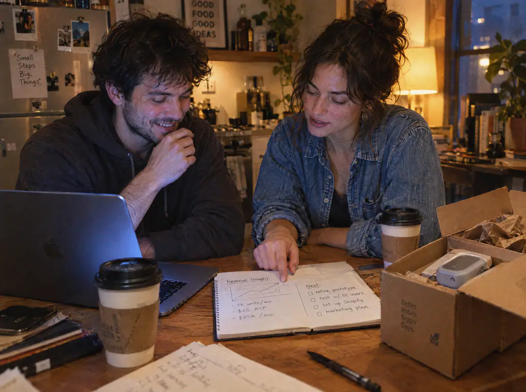 Two young founders at a kitchen table with a laptop, a prototype in a shipping box and a hand-drawn revenue sketch