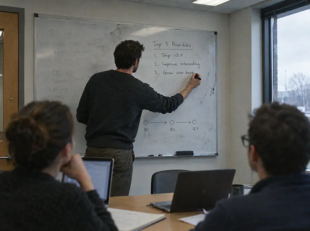 A team member writing three quarterly priorities on a whiteboard while two colleagues work at a table
