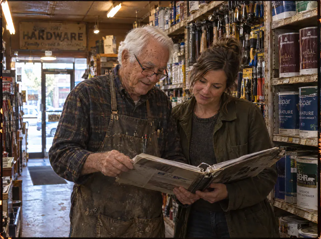 An older hardware store owner and his daughter reviewing a binder together in a store aisle