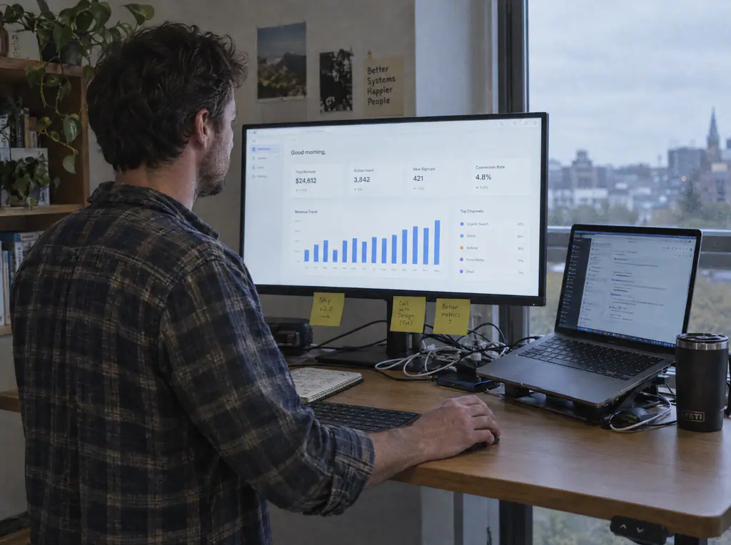 A man at a standing desk reviewing a business dashboard on a monitor with sticky notes on the bezel