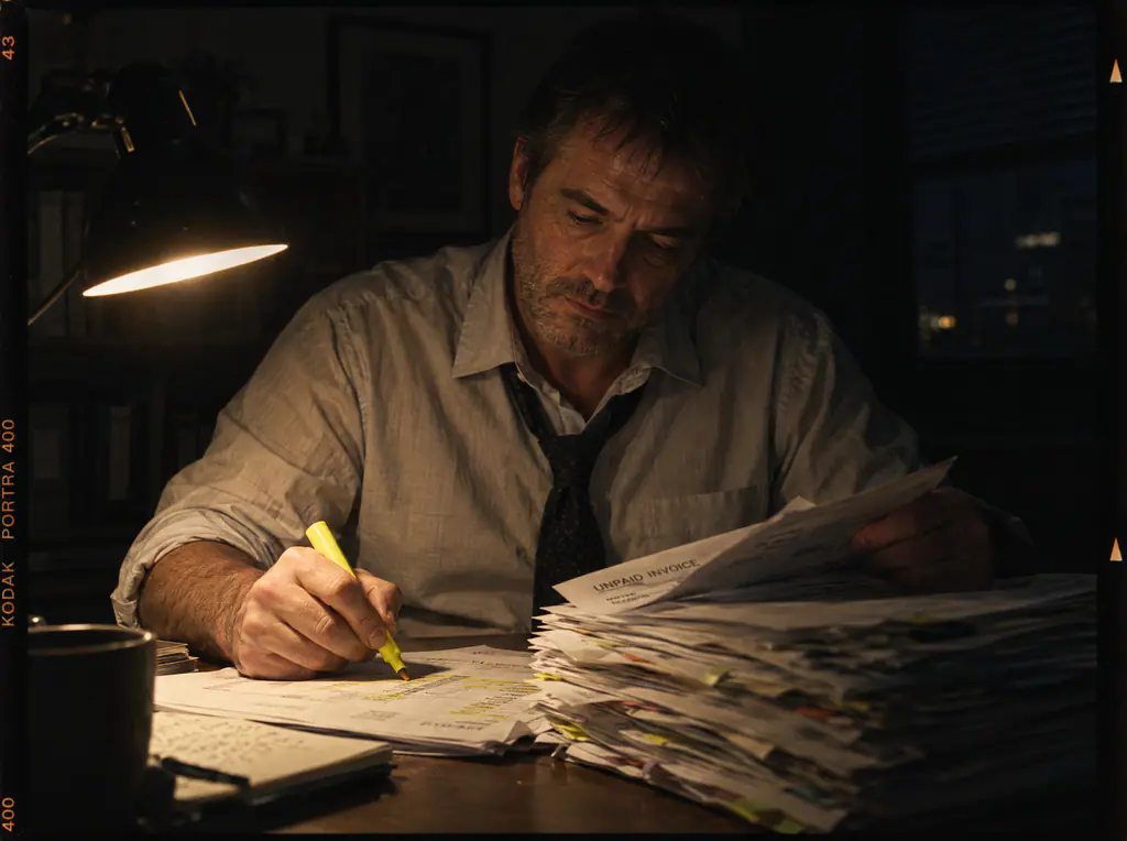 A man with rolled-up sleeves working through a stack of invoices under a single desk lamp at night